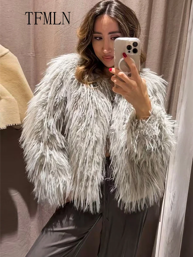 

TFMLN элегантные женские куртки из искусственного меха 202, осень-зима, шикарные повседневные свободные пальто с круглым вырезом и длинными рукавами, женская теплая верхняя одежда в стиле ретро