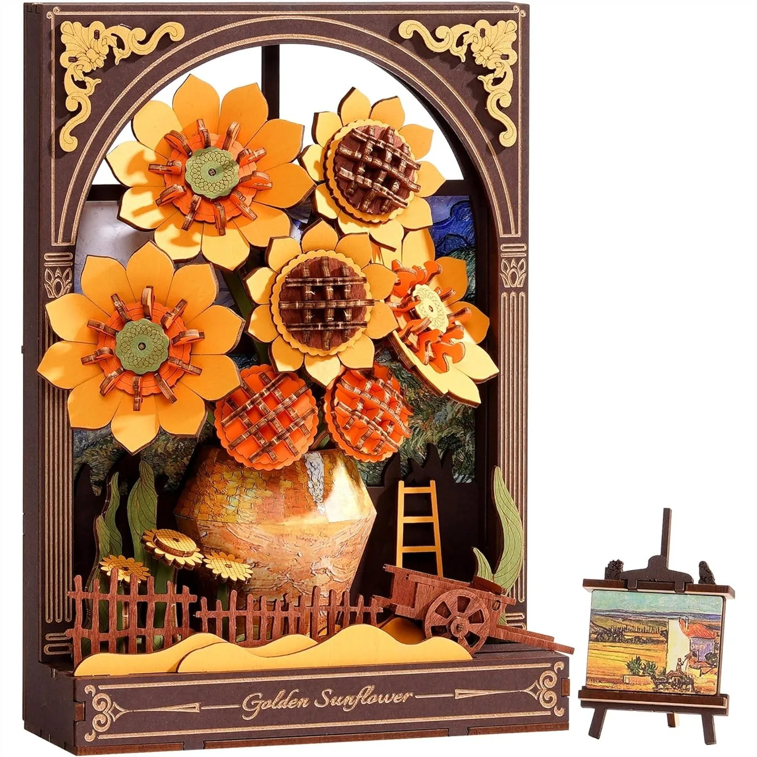 

3D Wooden Puzzles for Adults - Van Gogh Sunflower DIY Model Building Kits with LED Light - Gifts for Home Decor Wall Art
