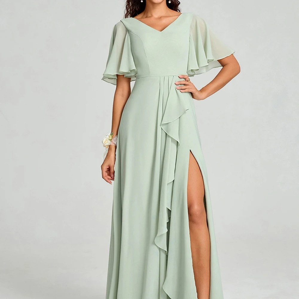 

Graceful Front Slit Pleats Flare Half Sleeves Prom Gowns Temperament Green A-Line V-Neck Chiffon Party Gowns Saudi Arabia 2024