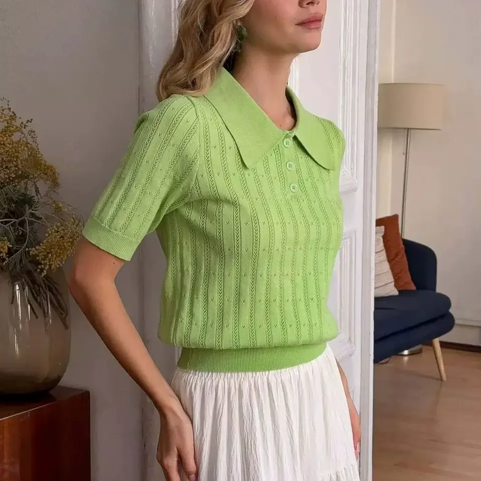

Hollow Short Sleeve Knitted T Shirt For Women Lapel Casual Solid Top Pullover 2026 New Summer Fashion Female T shirt