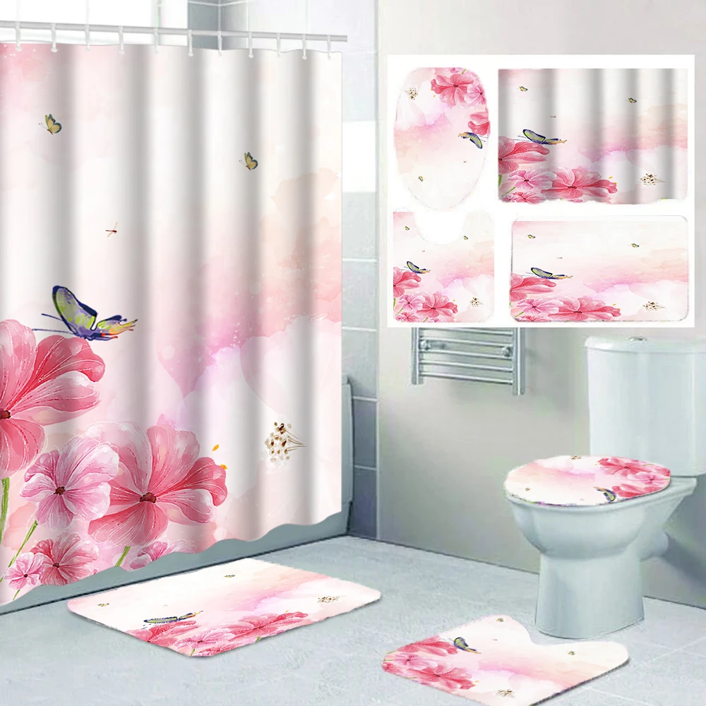 4/1 Duschvorhang mit rosa Blumen, WC-Sitz-Dekoration, Duschvorhang mit Teppich und Toilettendeckel, Größe 70,8 x 70,8 Zoll