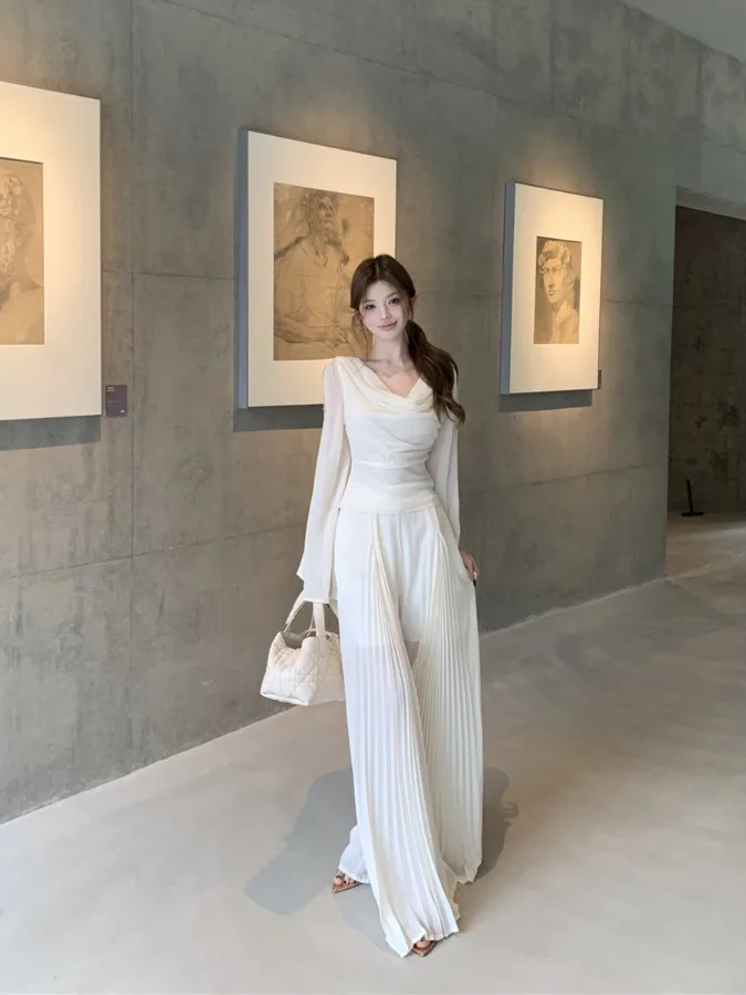 

Casual Chic Long Sleeve off Shoulder Pleated Chiffon Shirt Loose Wide Leg Pants Set High Waist Women's Fashion Autumn Outfit