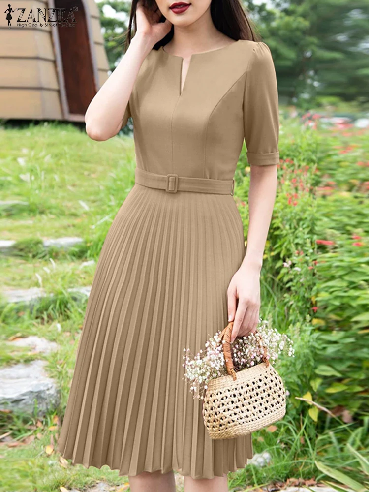 

ZANZEA Elegant Office Lady Dresses 2025 Summer Dress Women V Neck Short Sleeve Solid Pleated Sundress Stylish Party Vestido 2025