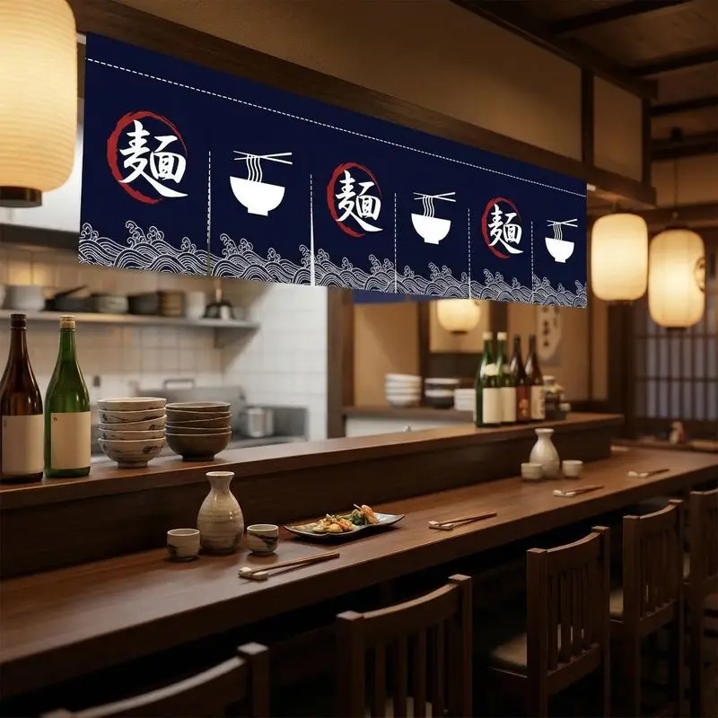 VIKAMA Noodle Bowl Waves Noren Curtain Hanging for Sushi Ramen Bar Shop Doorway Traditional Cozy Aesthetic Home Decor