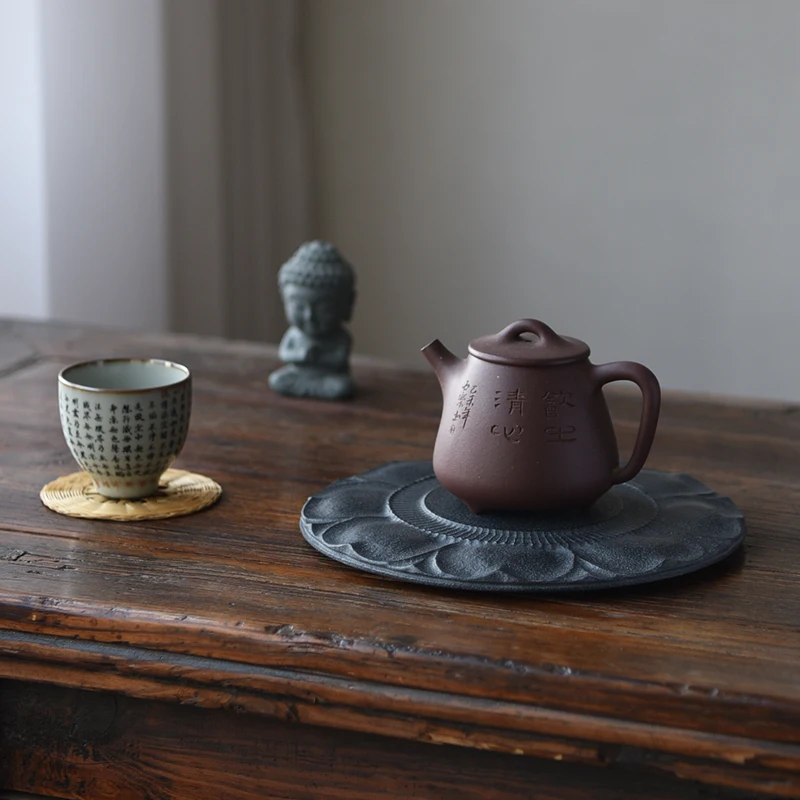 Black Basalt Coasters Premium Hand Carved Lotus Pattern Heat Resistant Oriental Zen Home Office Tea Ceremony Luxury Gift 20cm