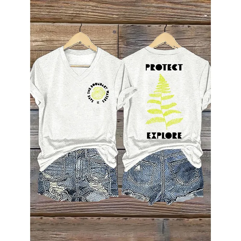 ilstile Women's Short  Retro Save The Boundary Waters BWCAW Print Summer T-Shirts Summer Casual V Neck Black White Blue Tops