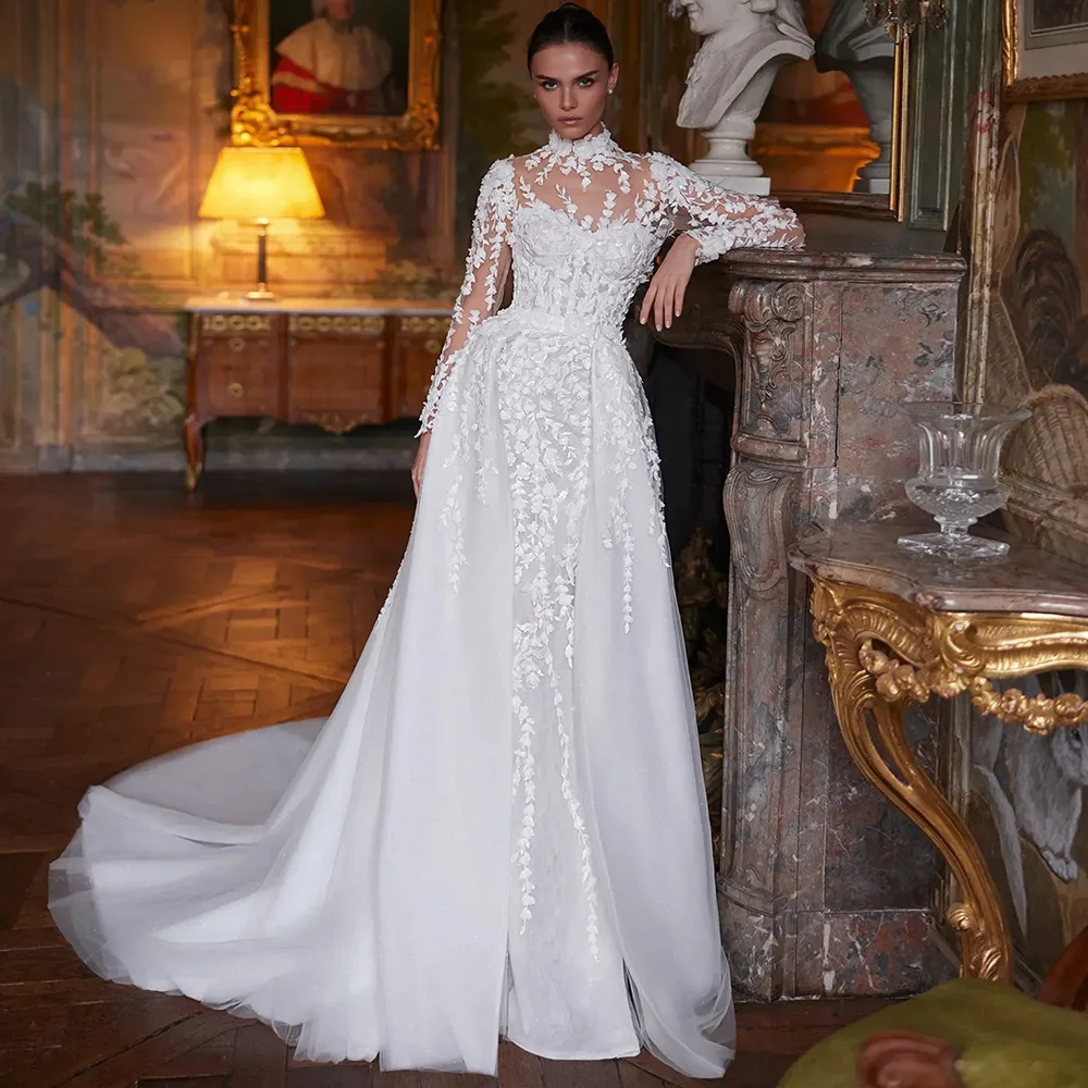 

Великолепное свадебное платье-русалка со съемным шлейфом, индивидуальный пошив, высокий воротник, длинные рукава, кружевное, для невесты 2026