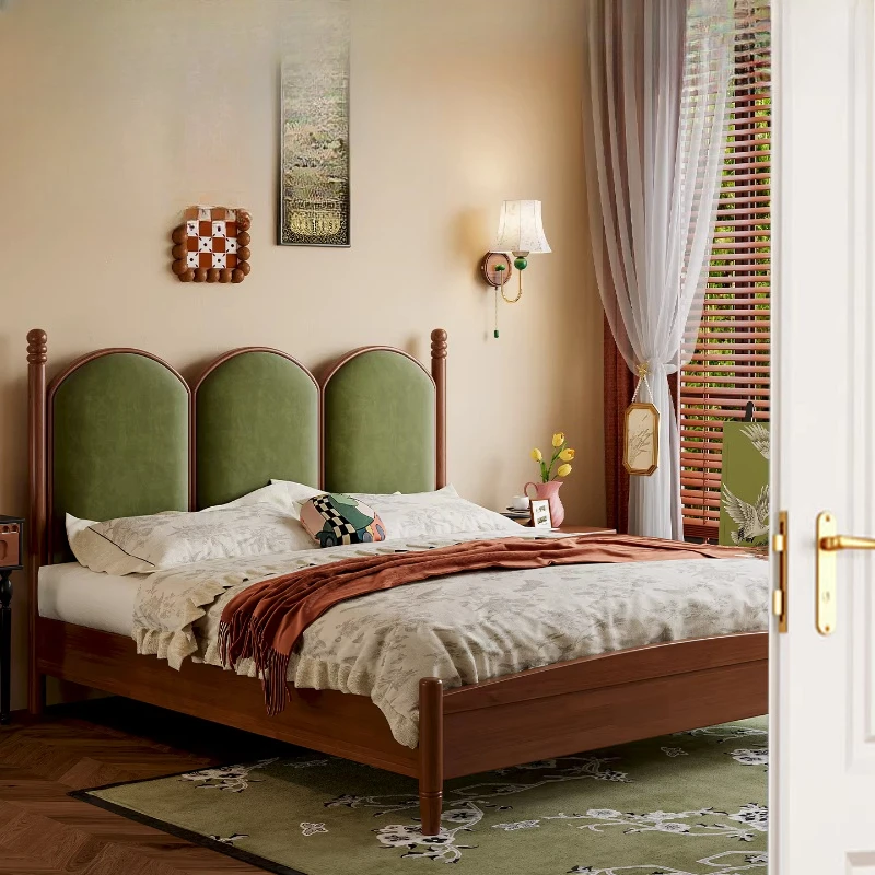 French solid wood bed, retro medieval soft bag bed