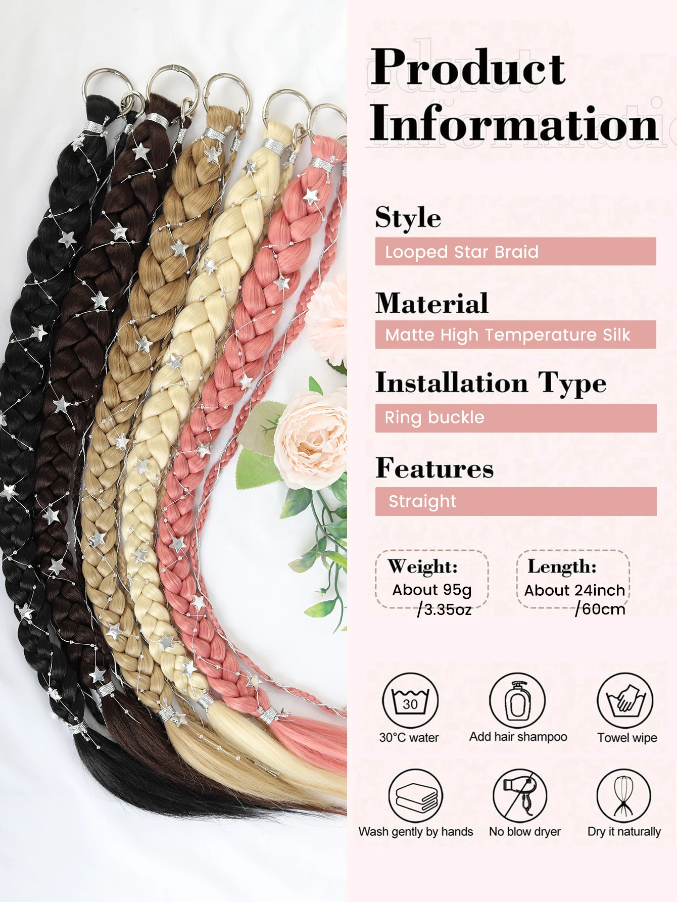 24Inch Synthetic Long Braids With Silver Star Decoration Soft Colorful Festival Cosplay Party Hair Extension Women