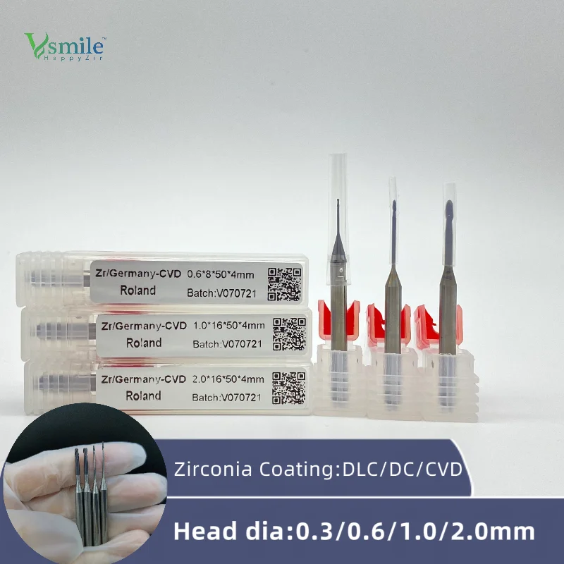 

Dental Milling Burs for Roland Zirconia CVD Coating Grinding Tools Denture Lab Materials 0.3/0.6/1.0/1.5/2.0mm D4 Shank 50L