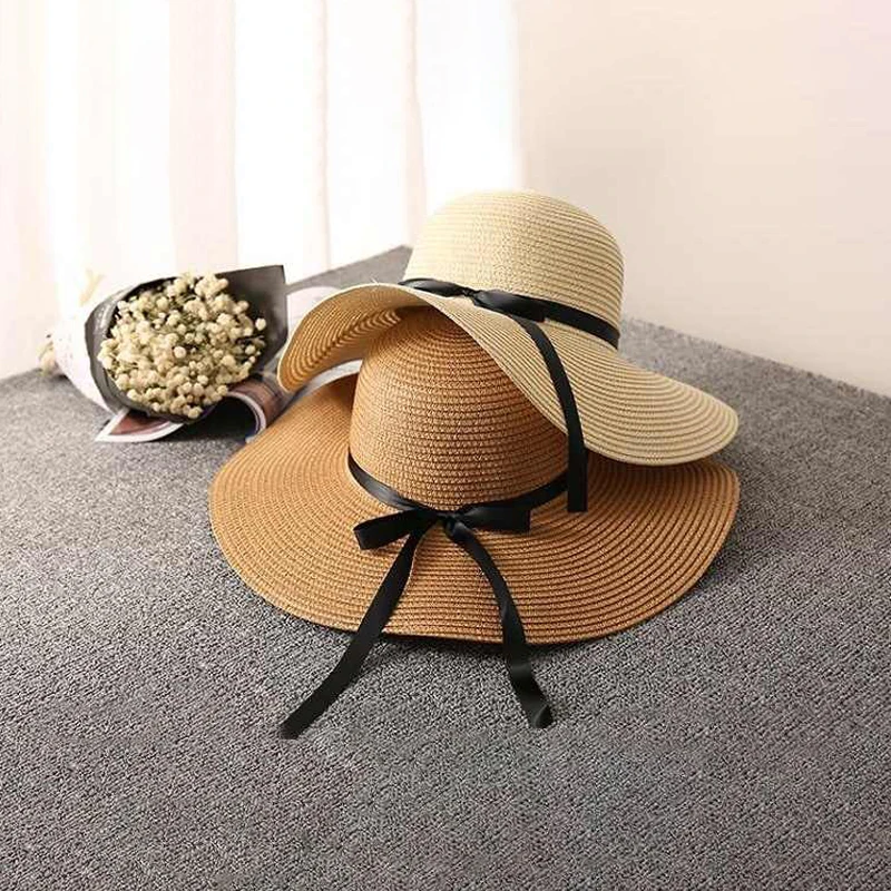 Classic Wide Brim Straw Hat - Lightweight Foldable Sun Hat with Ribbon for Beach, Summer & Outdoor Unisex Accessory