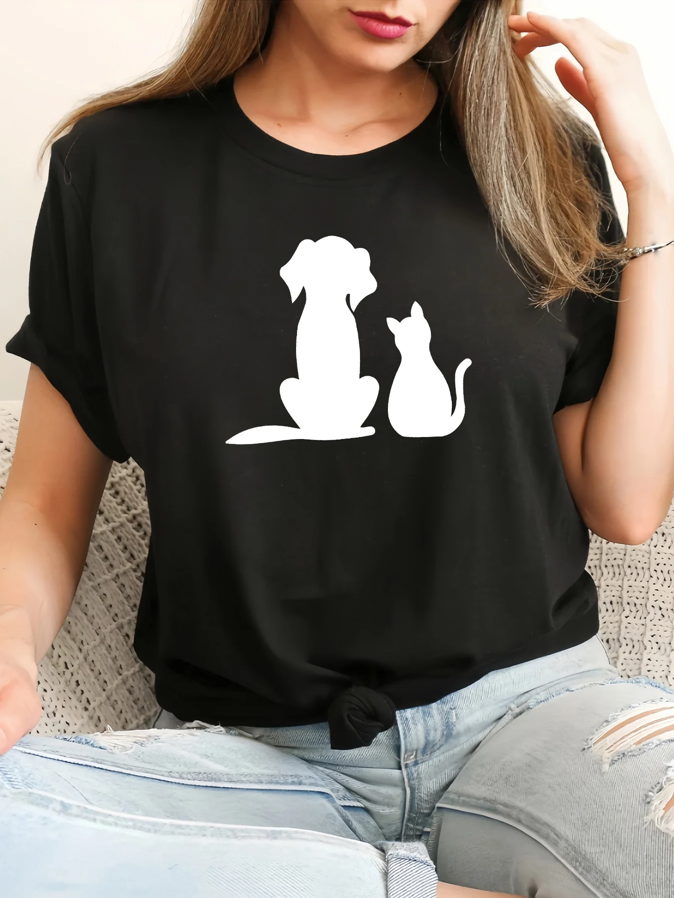 Lässiges Sport-T-Shirt für Damen mit Hunde- und Katzen-Print, Rundhalsausschnitt, kurze Ärmel, Harajuku, kurzärmelige, lässige, ästhetische Kleidung