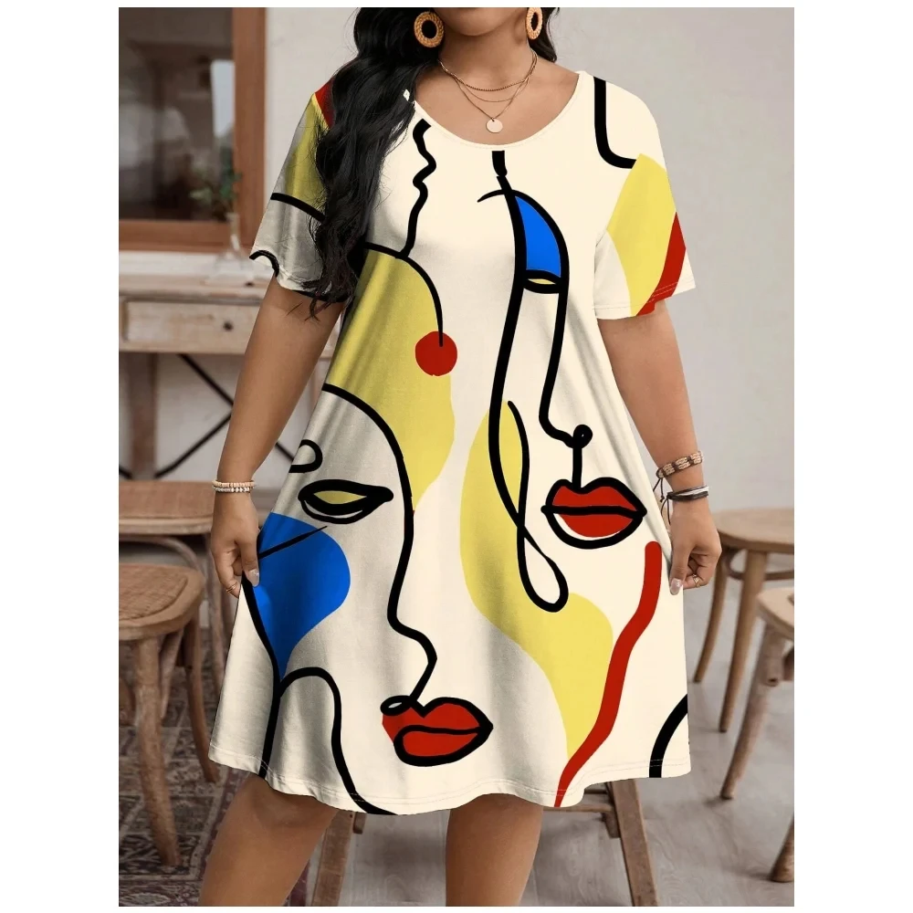 2024 Fashion Women Dress Painted Art Face Streetwear Pattern Print Summer Dress Casual Short Sleeve Loose Dresses Plus Size 9XL