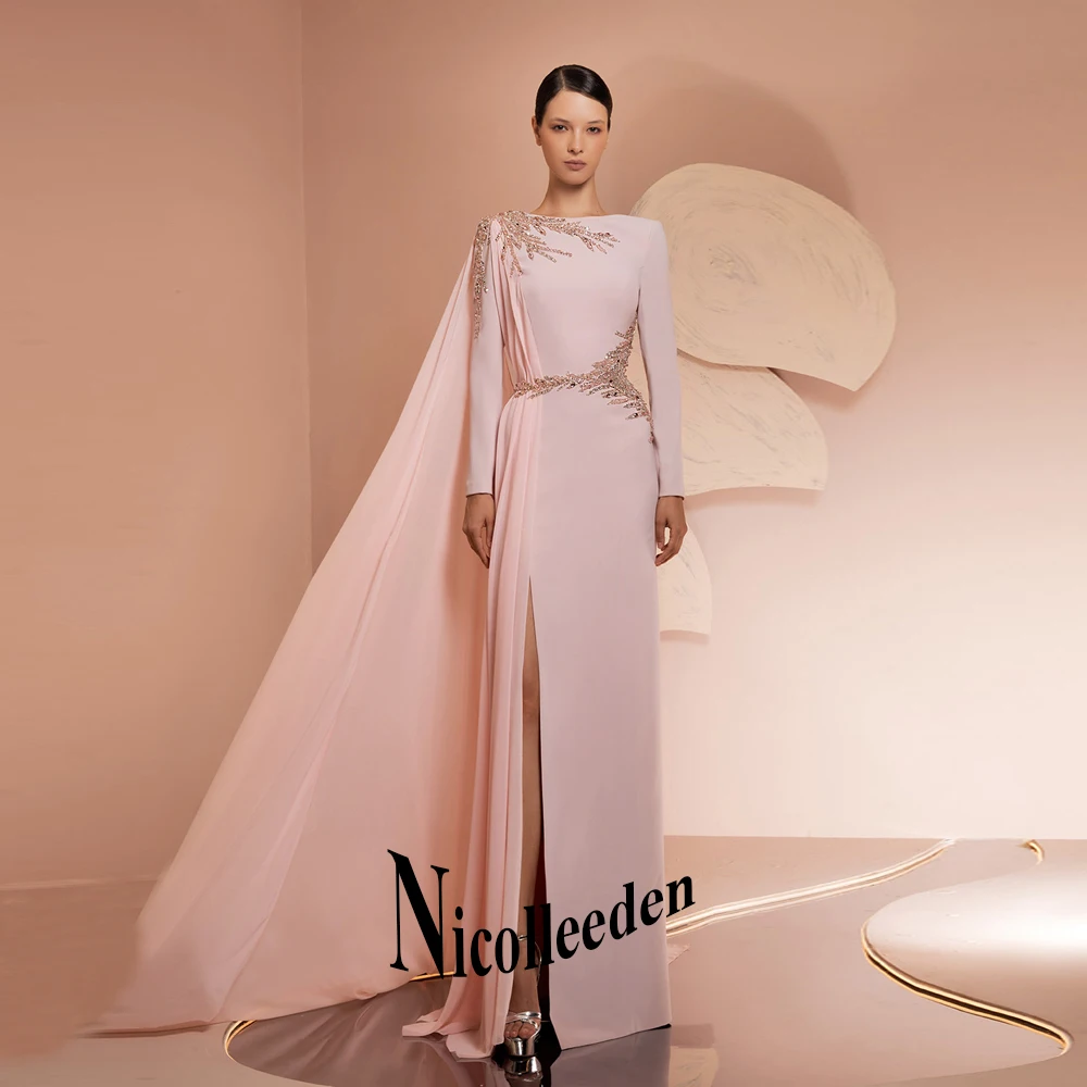 Nicolle Stylish Cloak Evening Dresses for Women Rhinestones Crew-Neck Slit Celebrity Dresses Vestidos De Fiesta Customized Plus