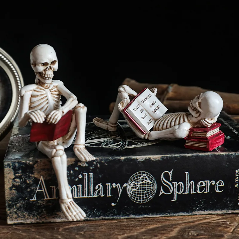 3PCS/SET Resin Halloween Skeleton Reading Vintage Distressed Skull Statue Dark Style Desktop Study Room Home Decor Ornament