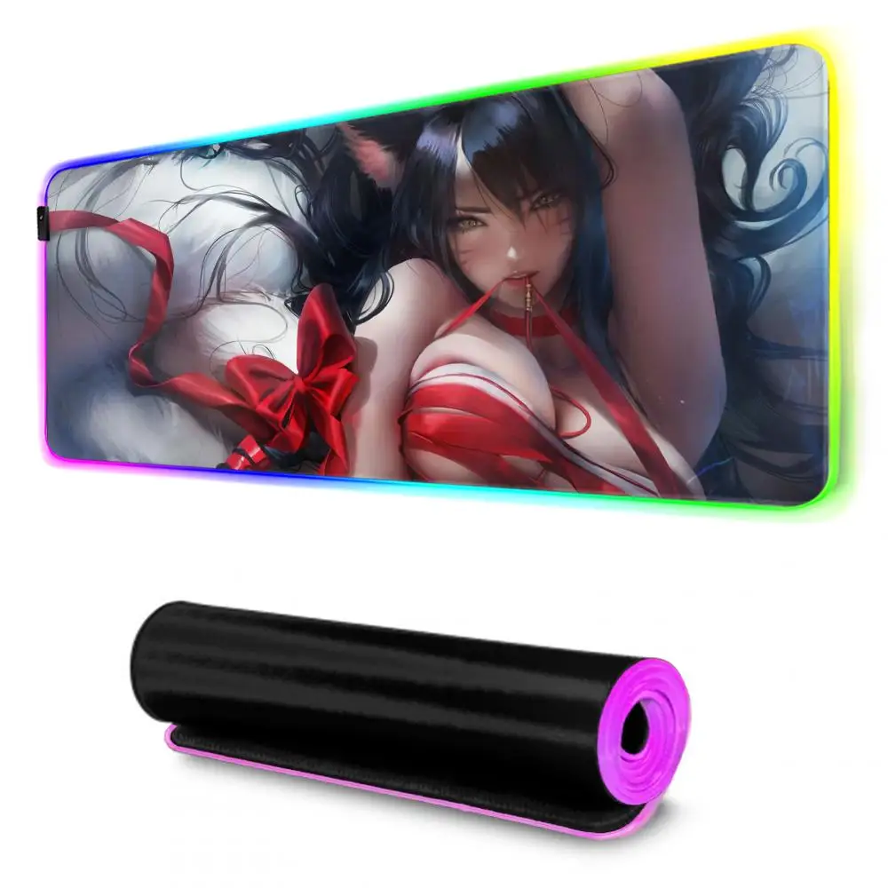 Alfombrilla de ratón Ahri para Gamer, alfombrilla de escritorio Rgb, retroiluminación Led, configuración de alfombrilla de ratón, accesorios para juegos, alfombrilla de ratón grande con retroiluminación