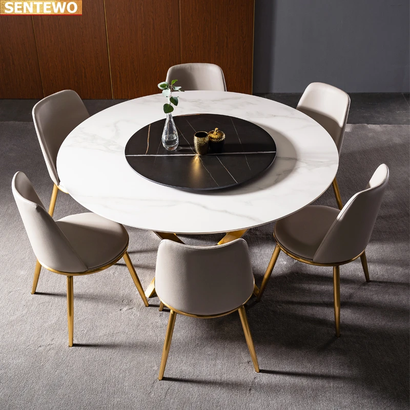 Designer Luxury round Marble Rock Slab dining table set 4 6 8 chairs esstisch furniture comedor marbre Stainless steel gold base