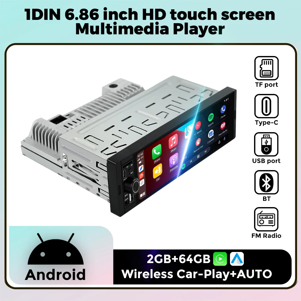 

Универсальный автомобильный мультимедийный плеер 1Din Android 13 с беспроводным CarPlay и Android Auto, экран 6.86'', FM-радио, MP5, поддержка Bluetooth и камеры