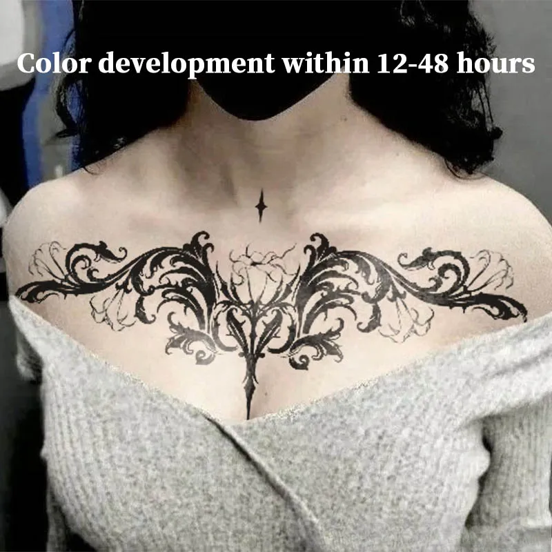 Herbal Juice Semi-Permanent Tattoo Sticker Gothic Chest Floral Pattern Waterproof Long Lasting Fake Tattoo for Women Body Art