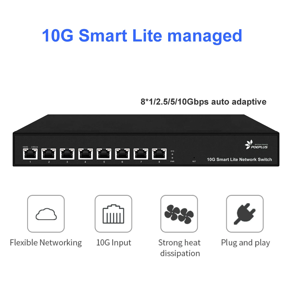 8 port saklar 10Gbe | sakelar terkelola web multi-gigabit | POE atau NON ,100/1000/10000M sedang beradaptasi