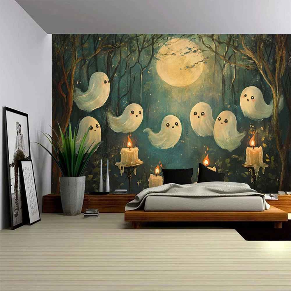 This tapestry features a Halloween-themed design, perfect for creating a spooky atmosphere during the holiday.