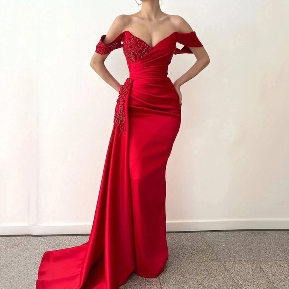 

ANGELSBRIDEP Red Satin Beaded Arabic Evening Gowns Mermaid Formal Women Party Gowns Off Shoulder Long Pageant Prom Dress HOT