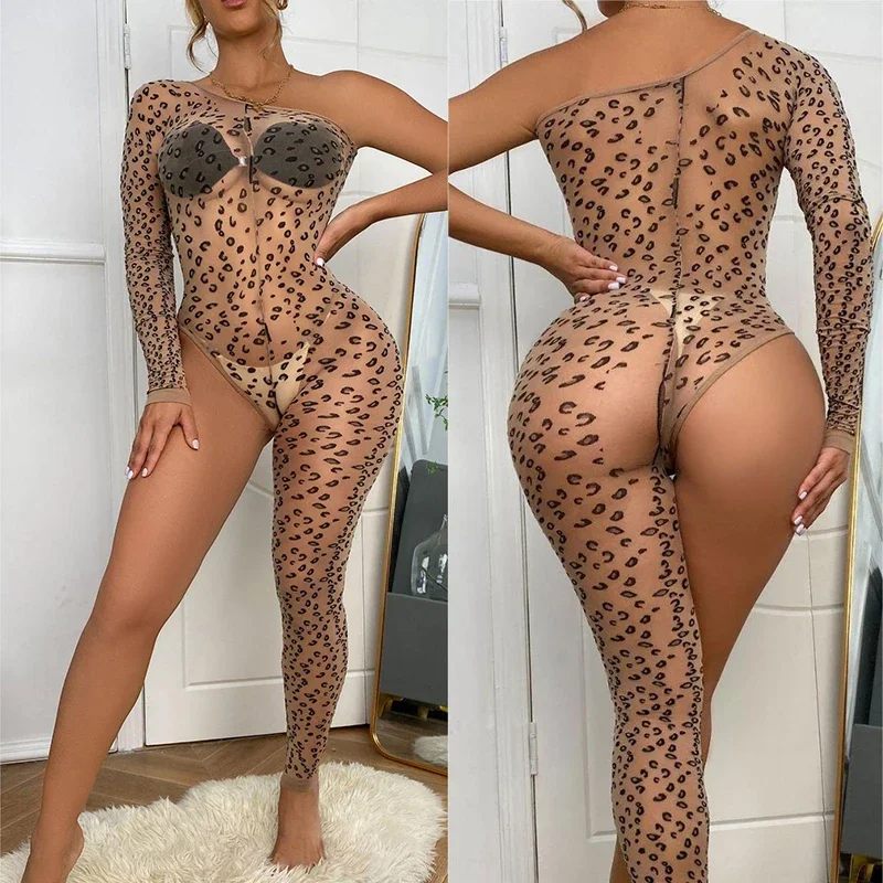 nueva ropa interior sexy ​   Mono de pierna de una sola manga con estampado de leopardo y tono de piel para mujer, monos eróticos sexys para mujer, Babydoll