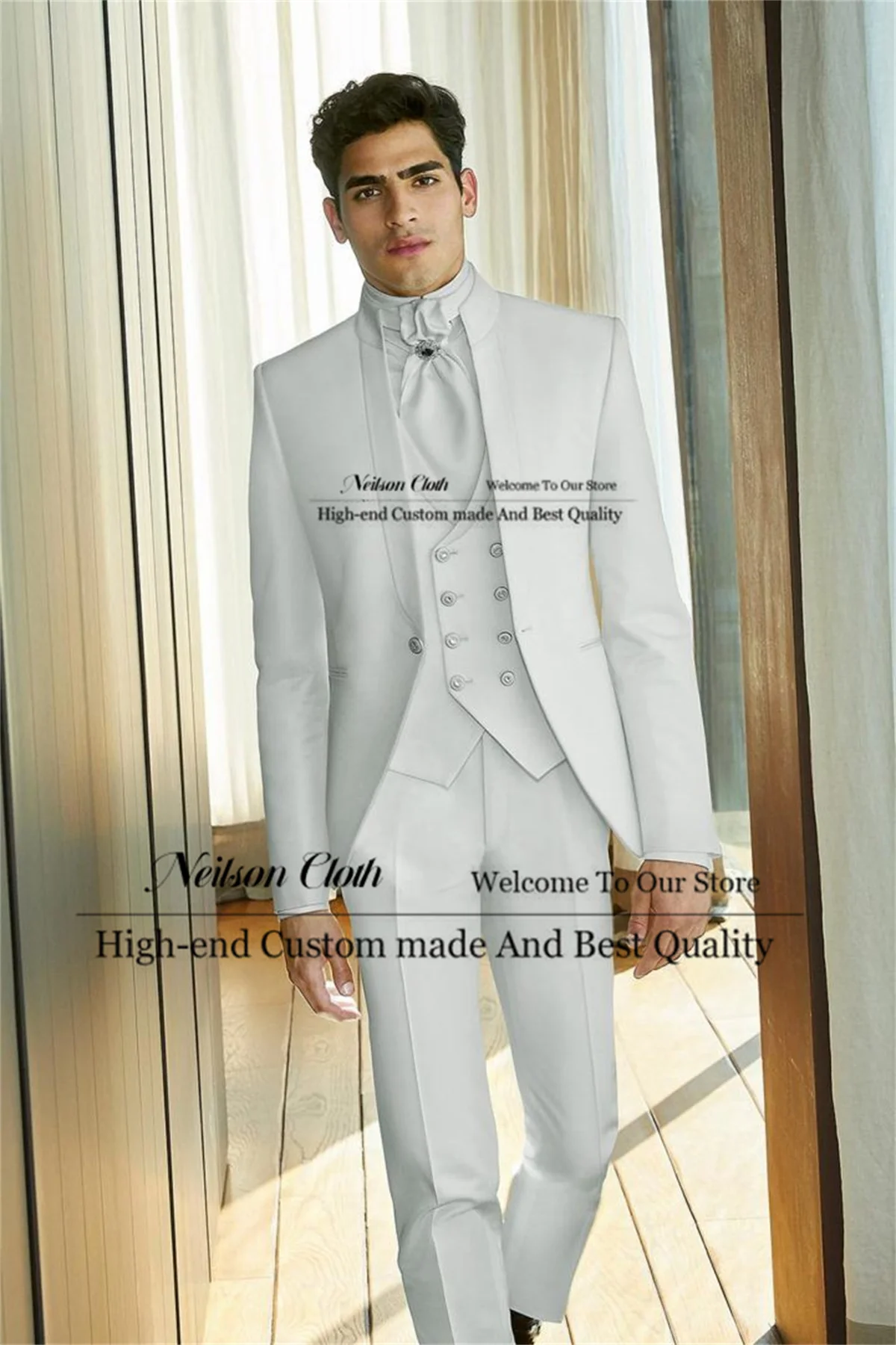 

Formal White One Button Male Prom Blazers 3 Pieces Sets Stand Collar Groom Wedding Tuxedos Groomsmen Customized Costume Homme
