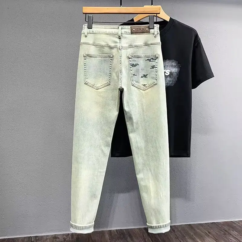 

Spring Autumn Light Color Trendy Brand Embroidered Elastic Slim Fit Jeans Men Haome Versatile Straight Leg Pants