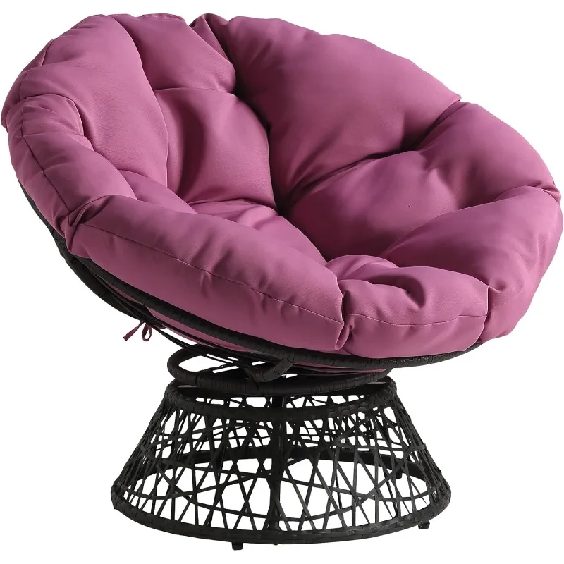 Wicker Papasan Chair with 360-Degree Swivel, Grey Frame with Purple Cushion,40” W x 36” D x 35.25” H