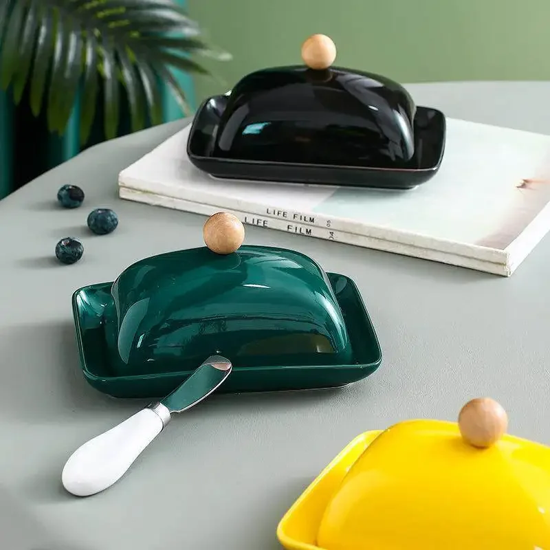 Ceramic Butter Dish with Knife, Home Butter Keeper for Cheese & Spread, West Tableware Set for Kitchen & Restaurant Use