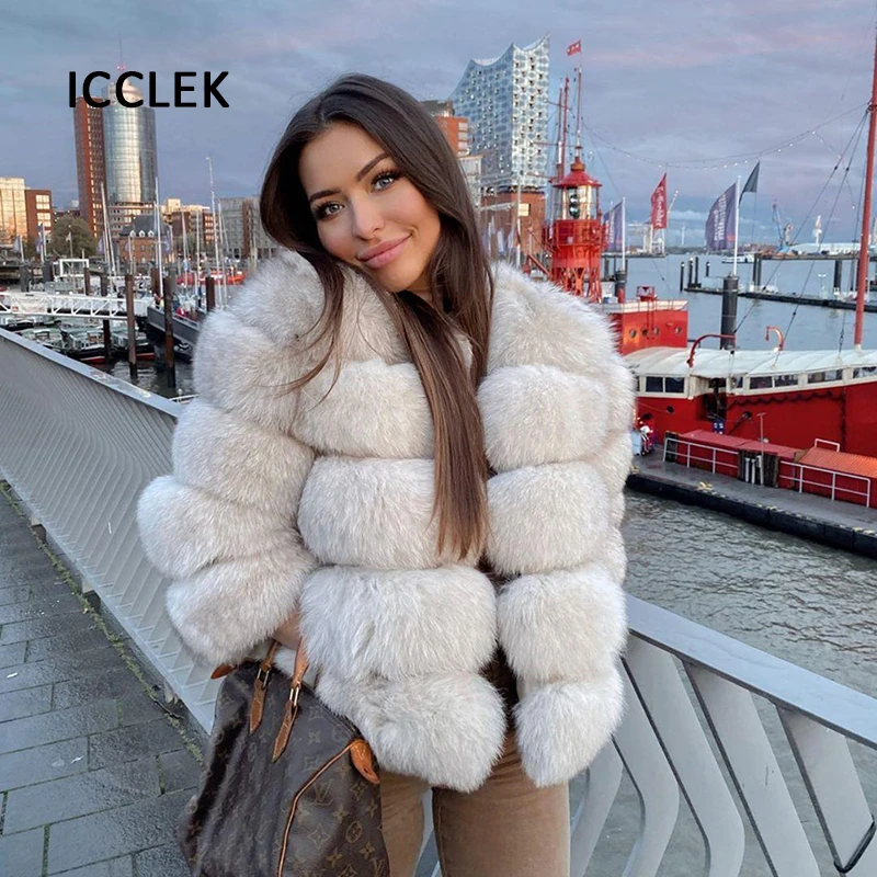 100% Real Fox Fur Coat Winter Women Round Neck Genuine Fur Coat Clothes Thick Warmer Long Sleeves Natural Fur Jackets Outwear