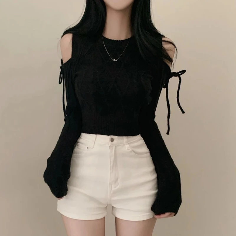 Suéter de Punto Vintage Otoñal Chic, Hombros Descubiertos, Manga Larga, Cuello Redondo, Diseño Trenzado, Ropa Casual de Moda ...