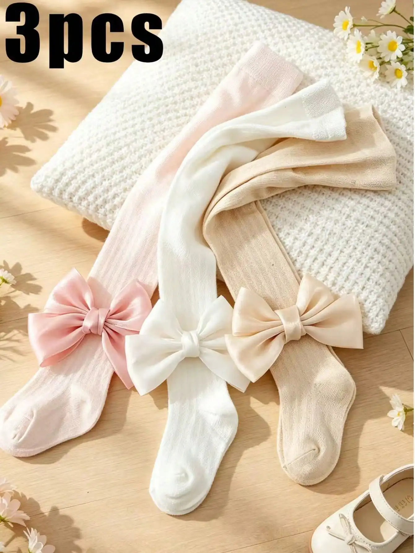 

3Pcs Girl Bow Decor Tights 0-9Y Summer Anti-Mosquito Mesh Breathable Nylon Spandex Kid Solid Color Pantyhose Casual & Daily Wear