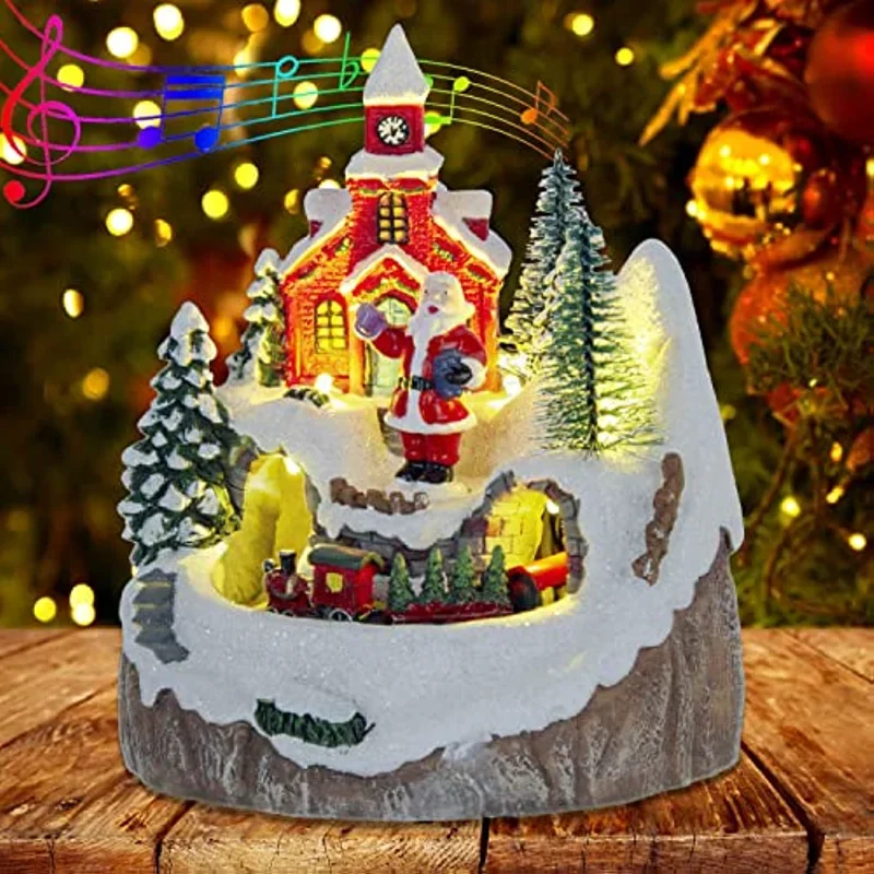 Christmas Toys Village with Moving Train & Santa Claus - LED Light-Up Musical Indoor Holiday Display Church House Theme
