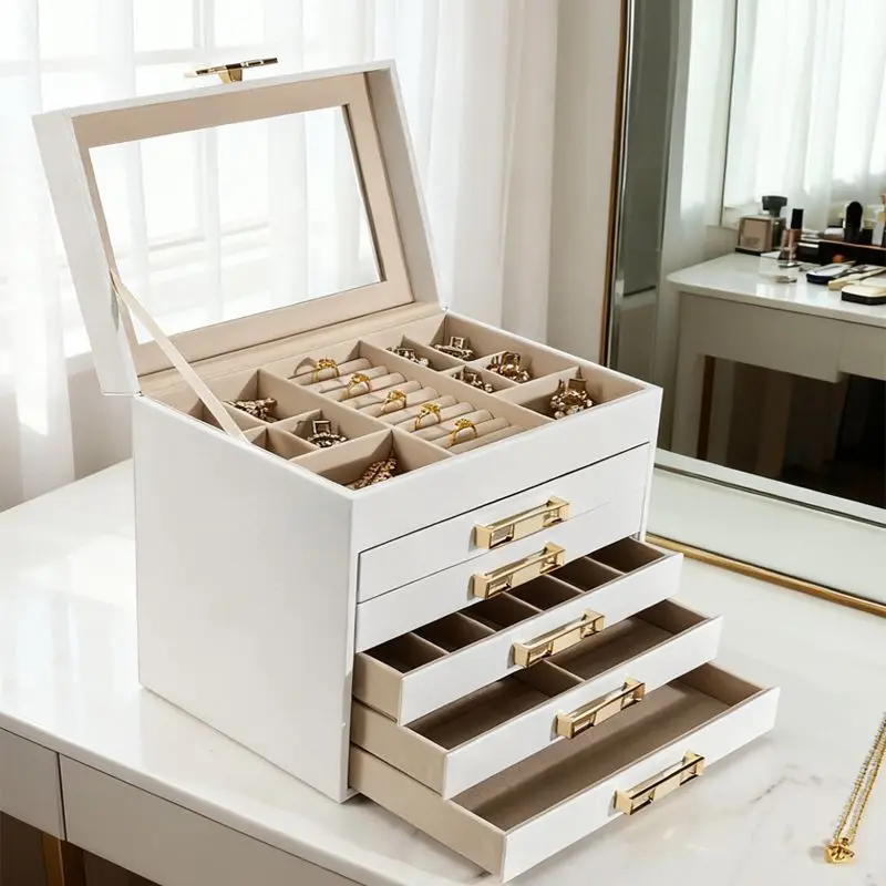 PU Leather Storage Box Modern Minimalist Display Case Bracelet Necklace Earrings Storage Boxes Transparent Window Jewellery Box