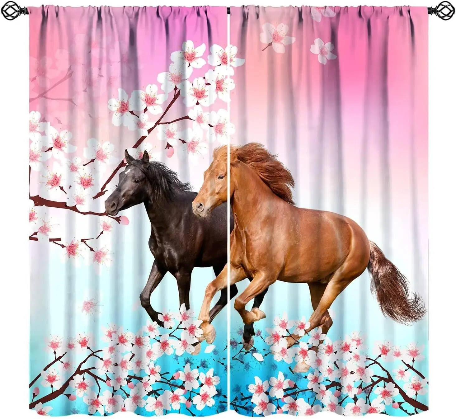 Gradient Sakura Horse Window Curtains, Black Chestnut Horse Blooming Cherry Branch Pastel Gradient Drapes for Girl Room Decor