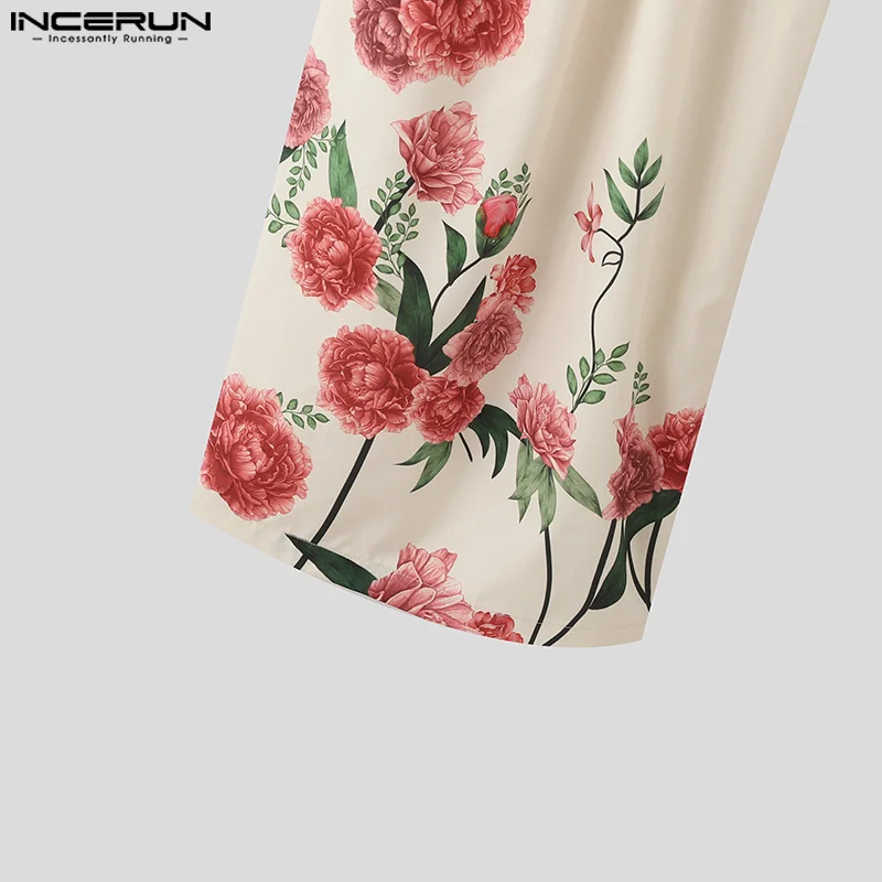 INCERUN-pantalones de pierna ancha para hombre, ropa informal holgada con botones y estampado de flores, plisada, a la moda, 2024