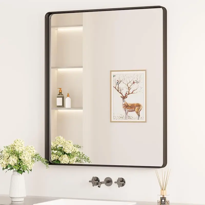 Black Bathroom Mirror 30 X 36 Inch Tempered Glass Vanity Mirror Sandblasted Finish Matte Black Anti Rust Seamless Aluminum Frame