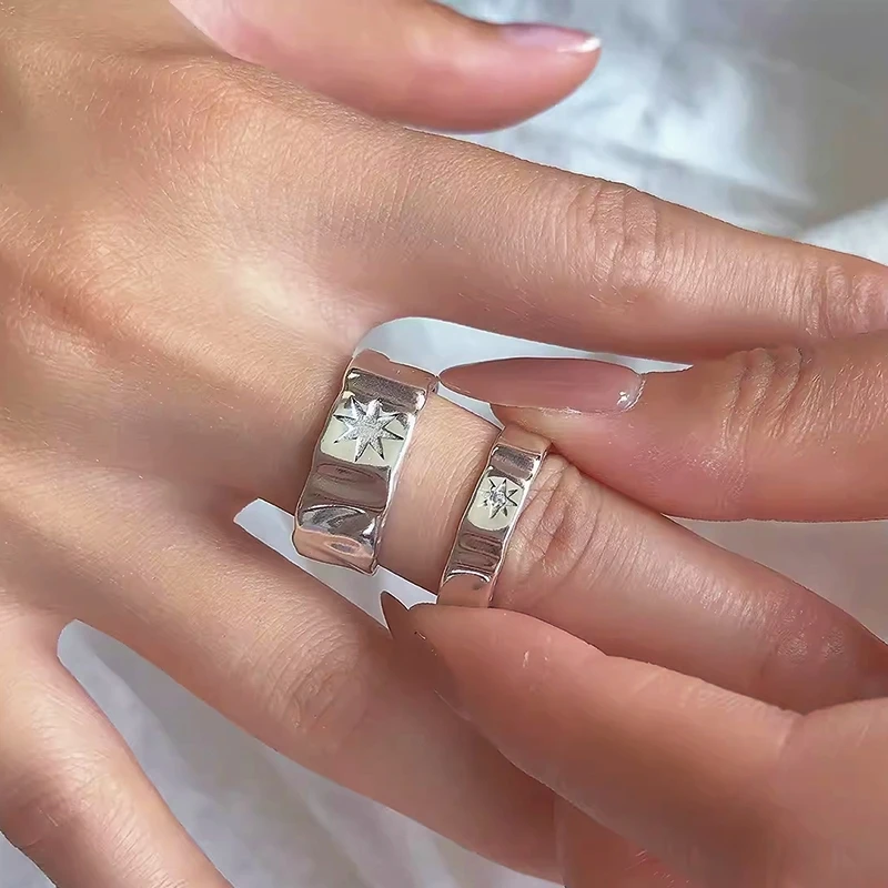 Bagues étoile en argent punk unisexe, Y2K, point de lecture pour couple, bague ouverte pour femmes et hommes, matiques rétro larges, cadeau pour les amoureux, bijoux