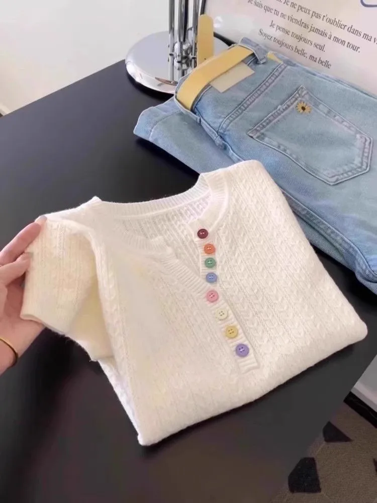 

Korean Style Soft Button Short Sleeve Knitted T-Shirt Women's Early Spring Design Sensation Youthful Casual Top