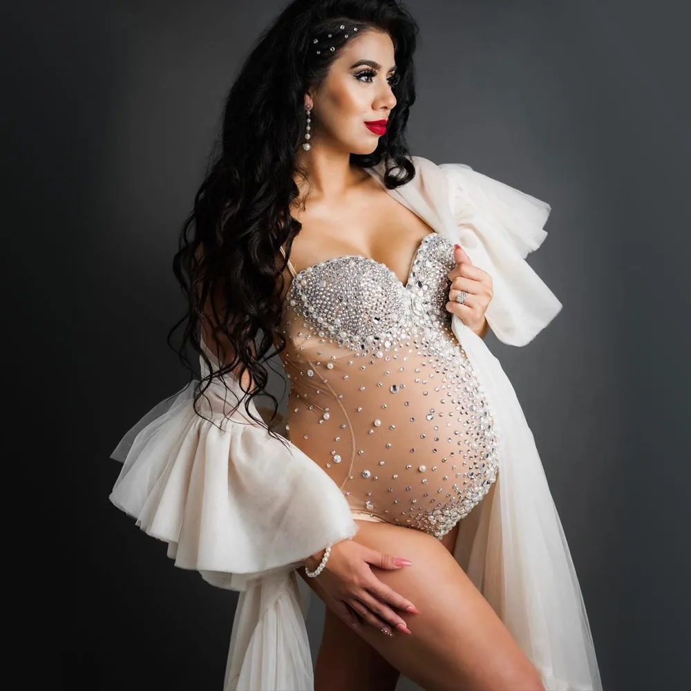 Stretchy Mesh Maternity Photoshoot Bodysuit With Crystals Shining Rhinestone Pregnancy Photography Bodysuit Skinny For Pregnant