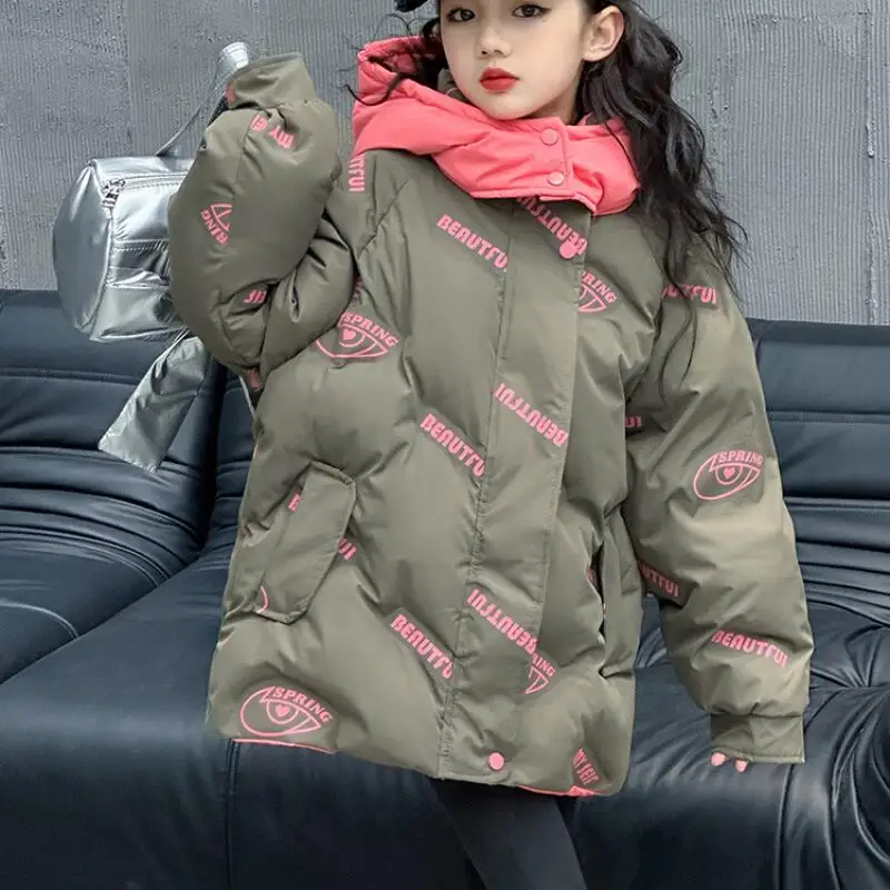 

Kawaii Girl Fashion Thicken Down Cotton Jacket Tops Student Winter Cartoon Casual Keep Warm Hooded Coat Jacket Children Clothing