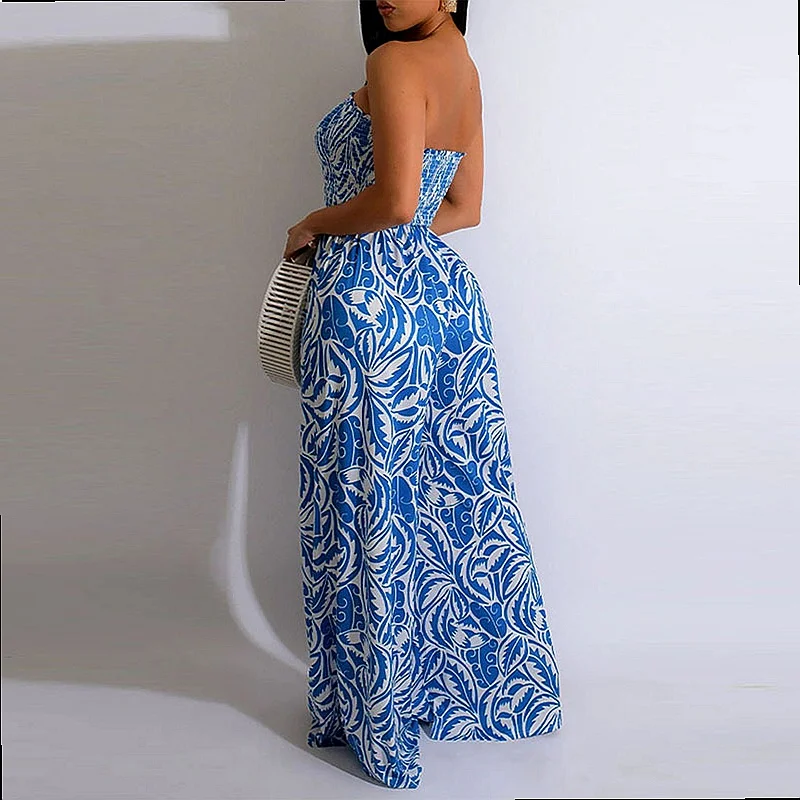 Elegant Floral Print Off Shoulder Wide Leg Jumpsuit Spring Summer Women's Overall Romper Playsuit