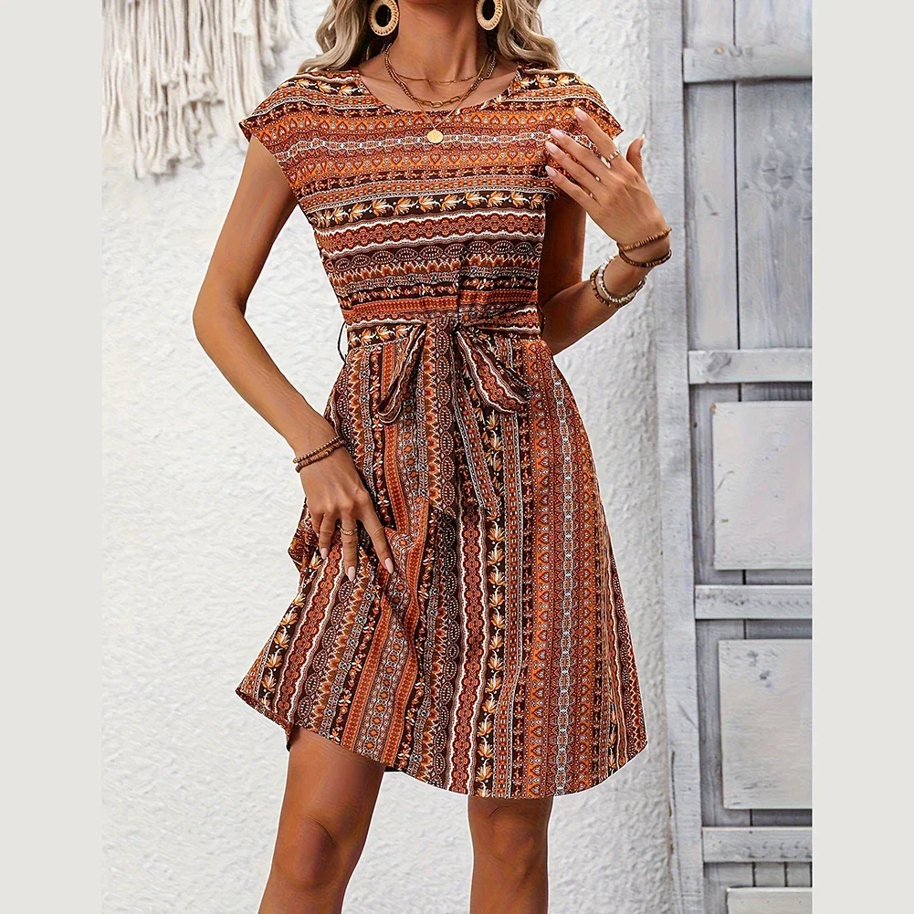 Oddychająca sukienka z nadrukiem w stylu etnicznym Sukienka w paski Modna sukienka z okrągłym dekoltem Sukienka z nadrukiem