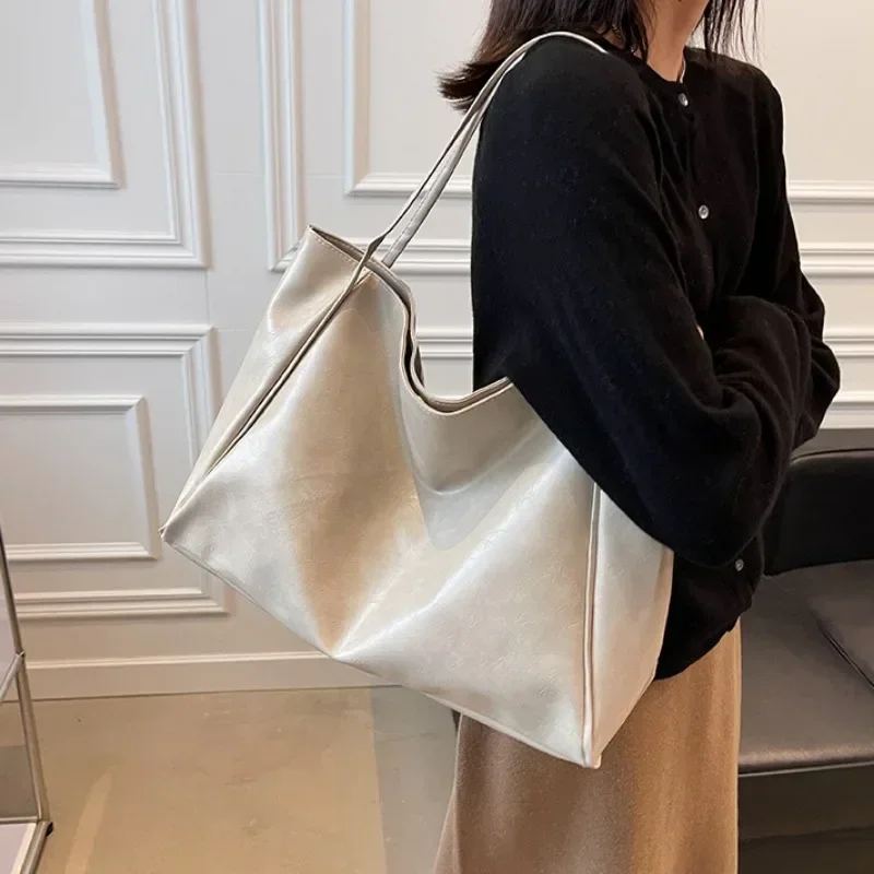 2023 Casual PU Leather Large Capacity Tote Bags for Women Fashion Solid Retro Color Zipper Female Shoulder Bag Ladies Handbag