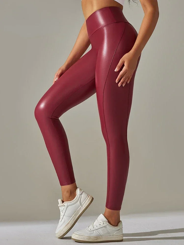 Leggings de cuero PU para mujer, pantalones deportivos ajustados elásticos sexis de cintura alta, mallas de cuero negras de talla grande para mujer,