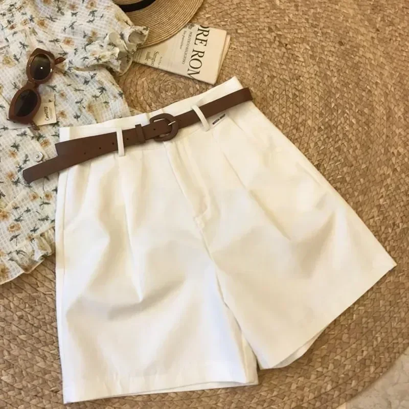 Office Thin Cotton A Line Short for Women Summer Women‘s Wide Leg Shorts with Belt Loose Casual Zipper Classic Bermuda Shorts