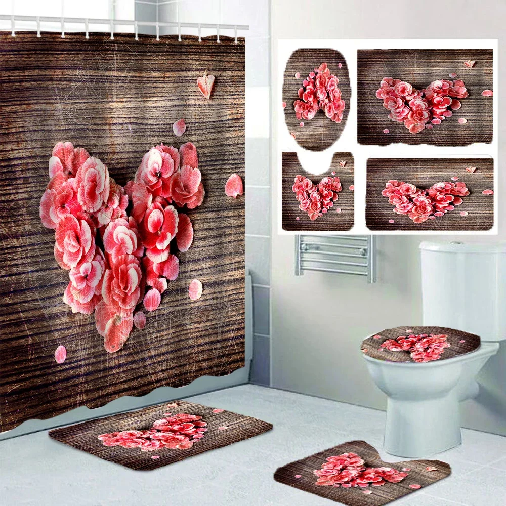 

1/4 Wooden board flower shower Curtains, Toilet Seat Decoration, Shower Curtain with Carpet and Toilet Lid, 12 70.8x70.8 inch Ho