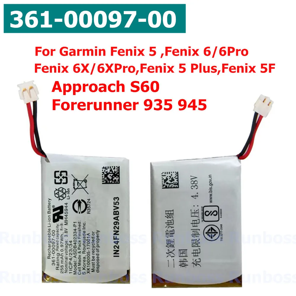 Original Replacement 361-00097-00 255mAh Watch Battery for Garmin Fenix 5/5 Plus,5F,6/6X/6X Pro,Approach S60,Forerunner 935,945